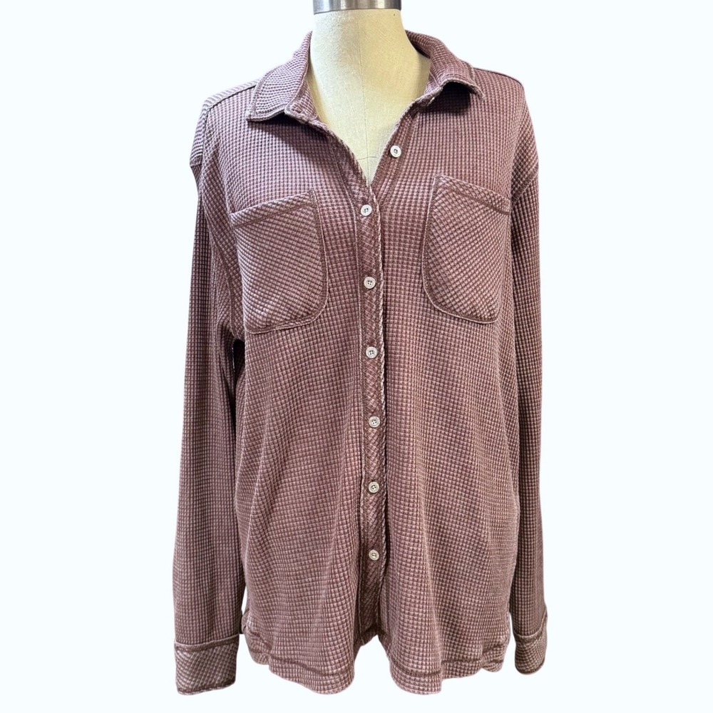 NWT C&C California M Waffle Knit Dust Pink Button Down Thermal Shirt Layers Fall